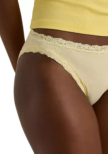 Lauren Ralph Lauren Women’s Cotton &Lace Jersey Bikini Brief Underwear,Lemon, M