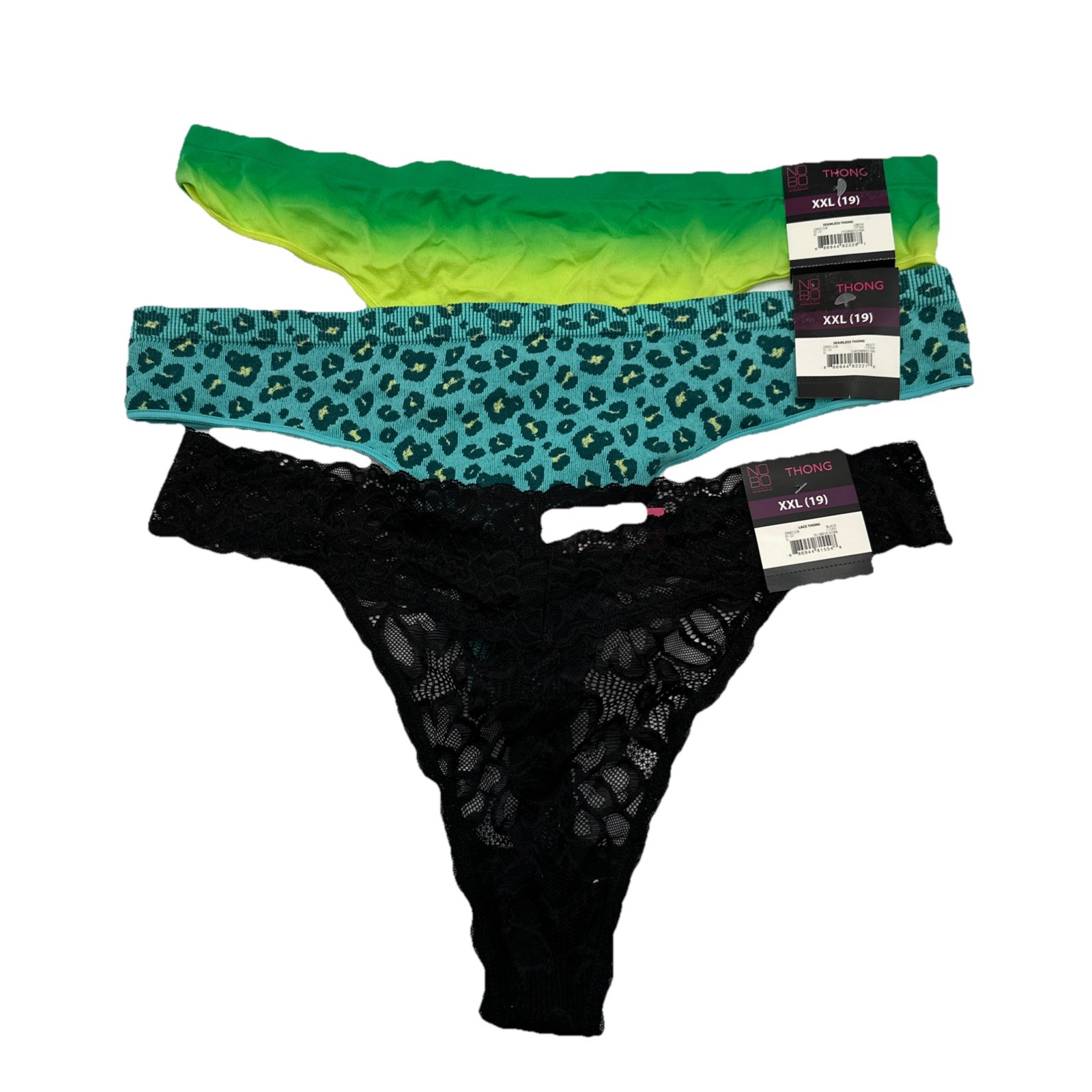 No Boundaries NOBO XXL 19 Thong Panties set of 3 Teal Cheetah, Black, Green {31}