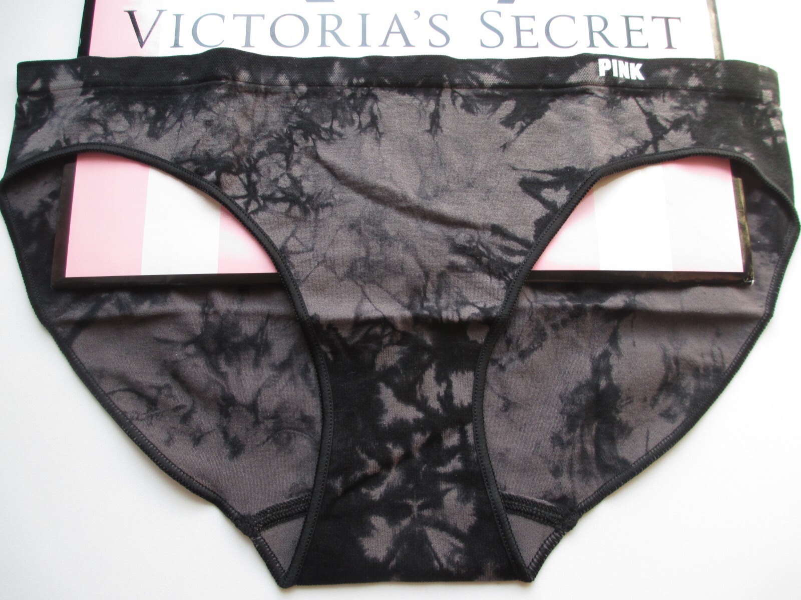 VICTORIA’S SECRET PINK Seamless Bikini Panty S Black Charcoal NWT Tie Dye VS
