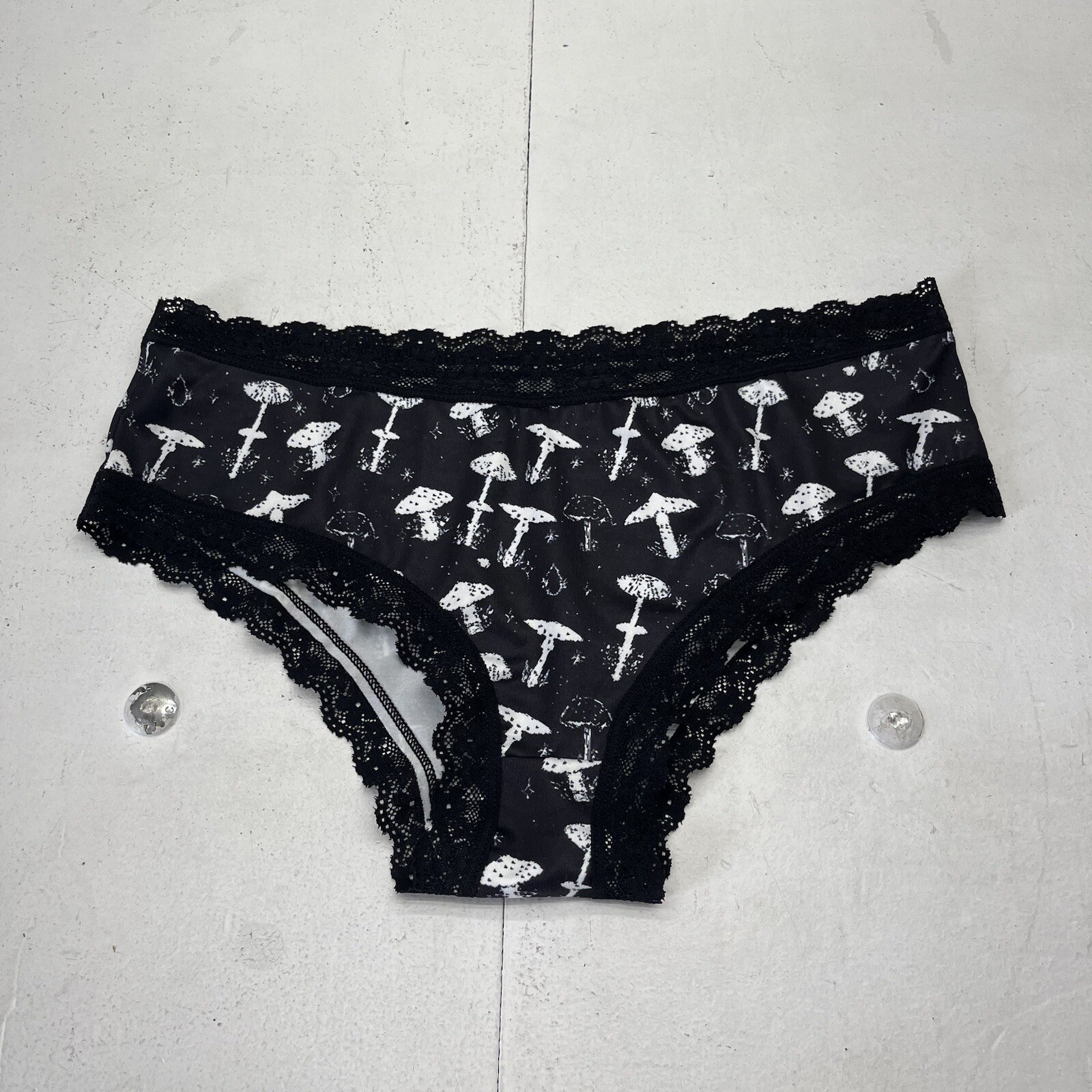 Black Mushroom Graphic Print Lace Trim Hipster Underwear Womens Size Large