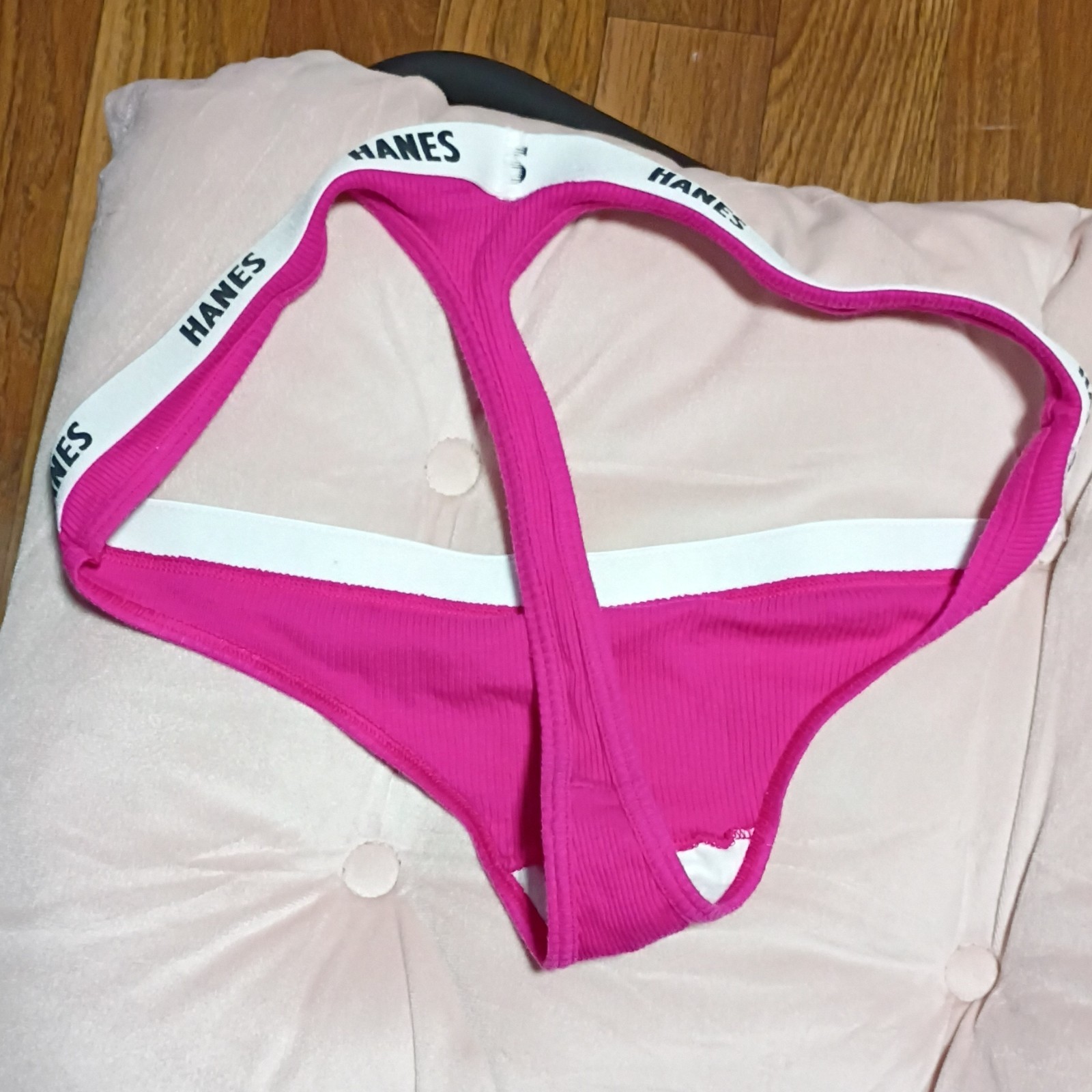 Hanes Women’s Solid Pink Cotton Thong/String Panties S White Logo Waistband