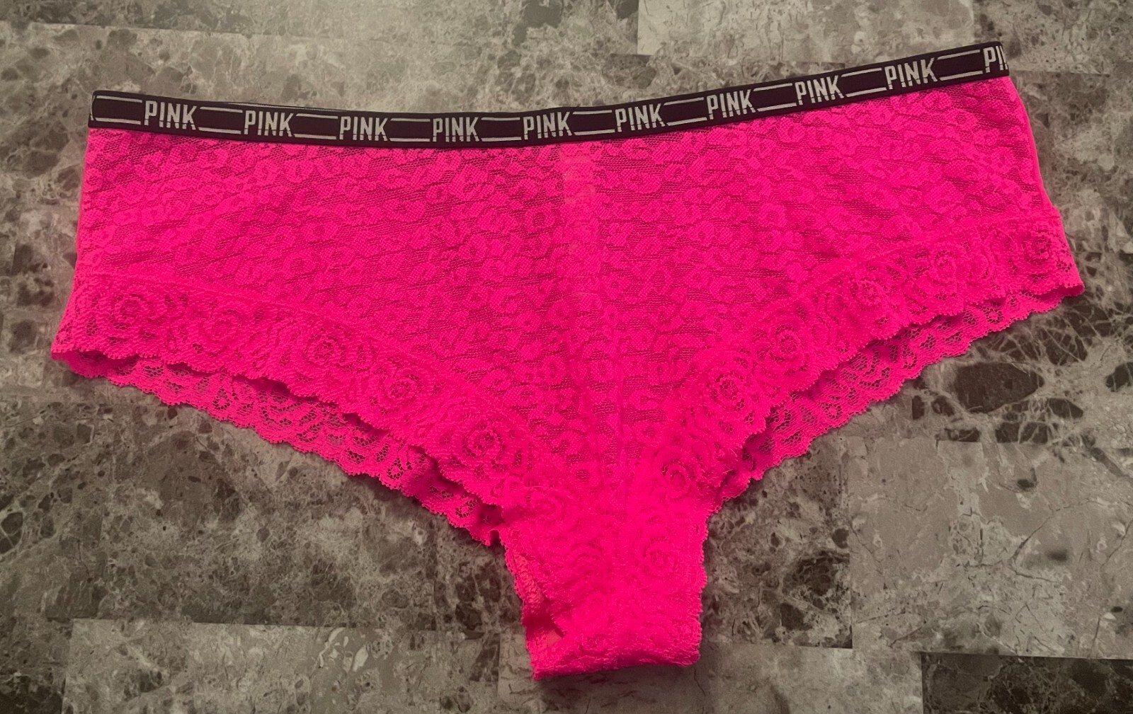 NWOT VICTORIA’S SECRET PINK LARGE LEOPARD LACE MESH LOGO RARE CHEEKSTER PANTIES
