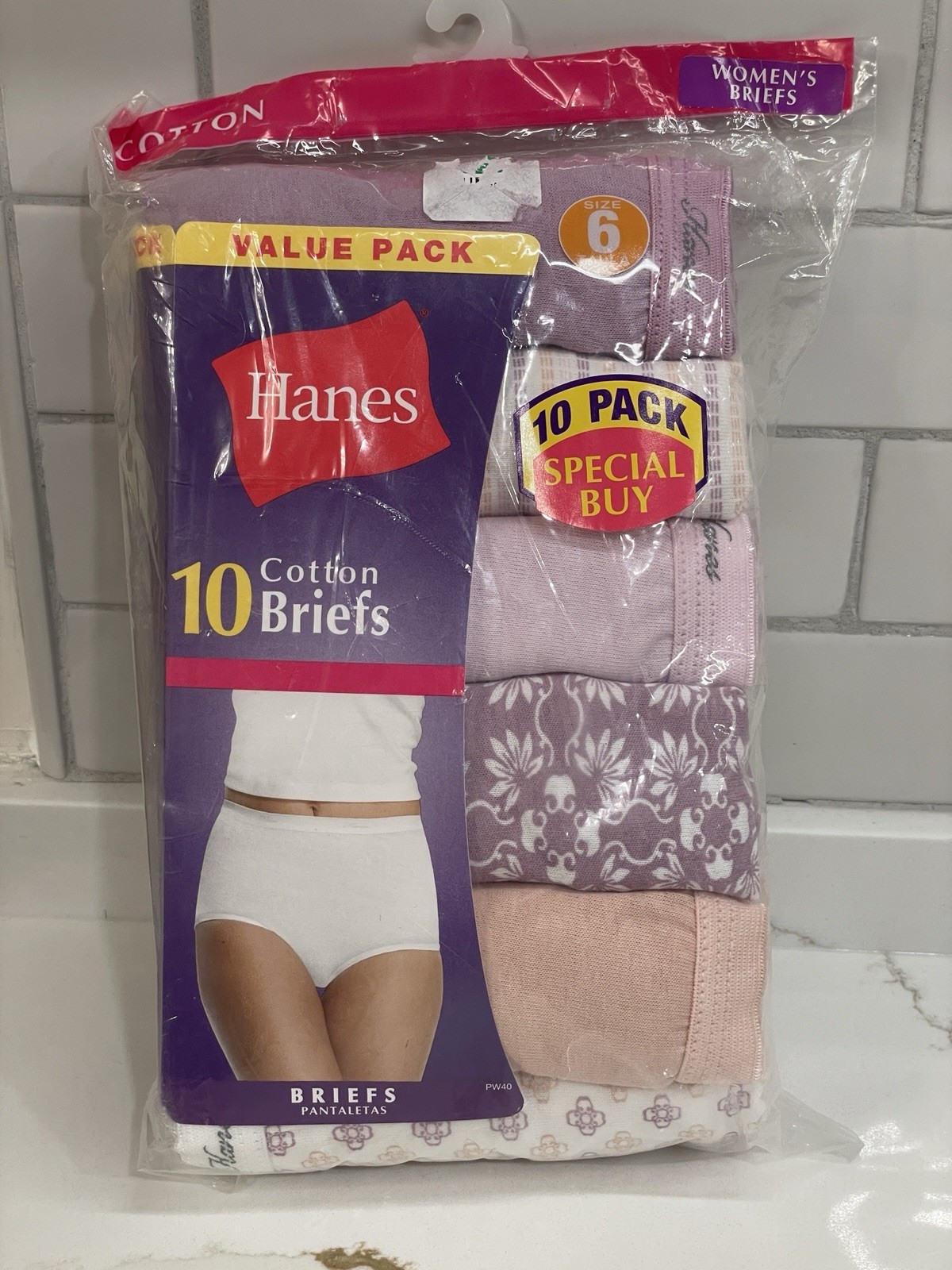 Hanes Briefs Panties Women Size 6/Medium Cotton White Purple 10 Pack New 2009