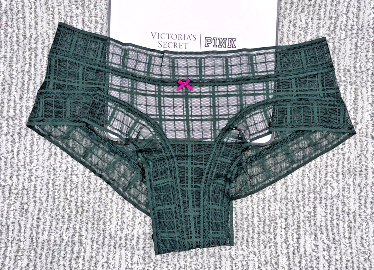 Victoria’s Secret NWT Small Green Plaid Lace Sexy Sheer Cheeky Panty Bow Lacie