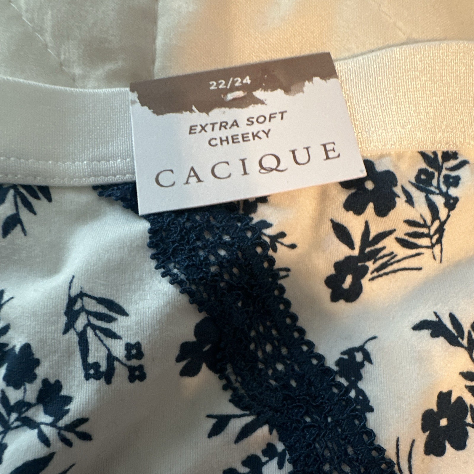 Cacique Extra Soft Cheeky Plus 22/24 White Blue Floral Lace Bow Stretch 1 Pack