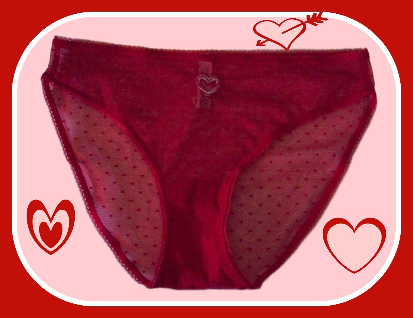 L All Bold Red Polka Dot Mesh w Heart Stretch Victoria’s Secret BIKINI Panty