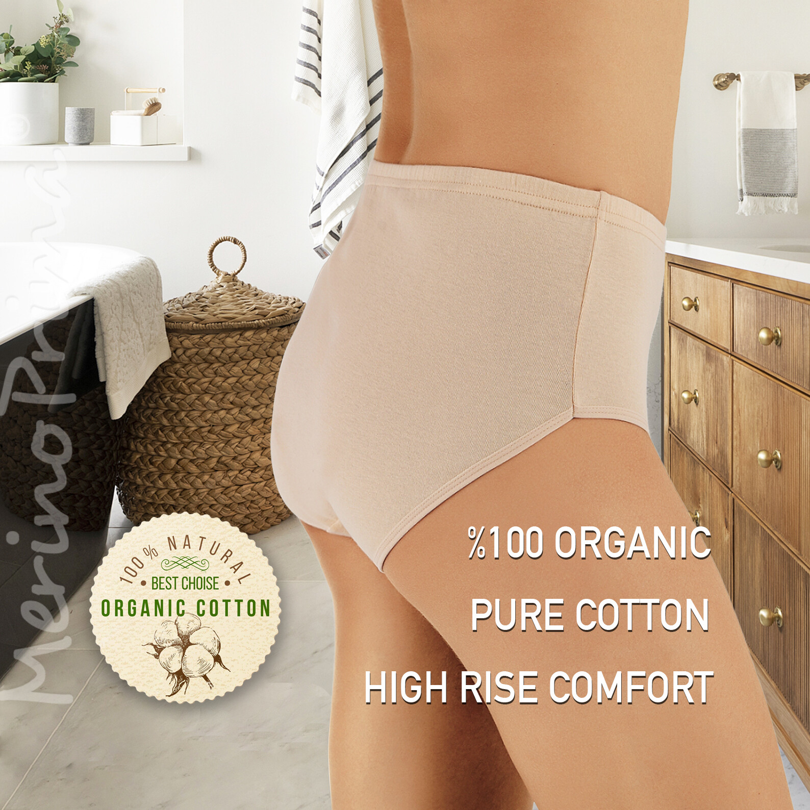 100% Organic Cotton High Waist Panty – Women’s Natural High Rise Underwear Cream