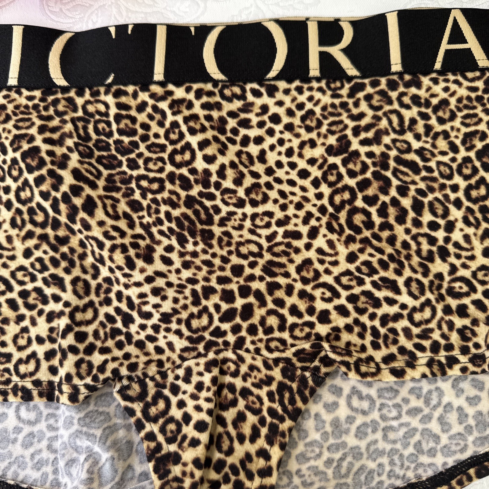 VICTORIA’S SECRET L ANIMAL PRINT BLACK BROWN LOGO COTTON MIX SHORTIE PANTIES NWT