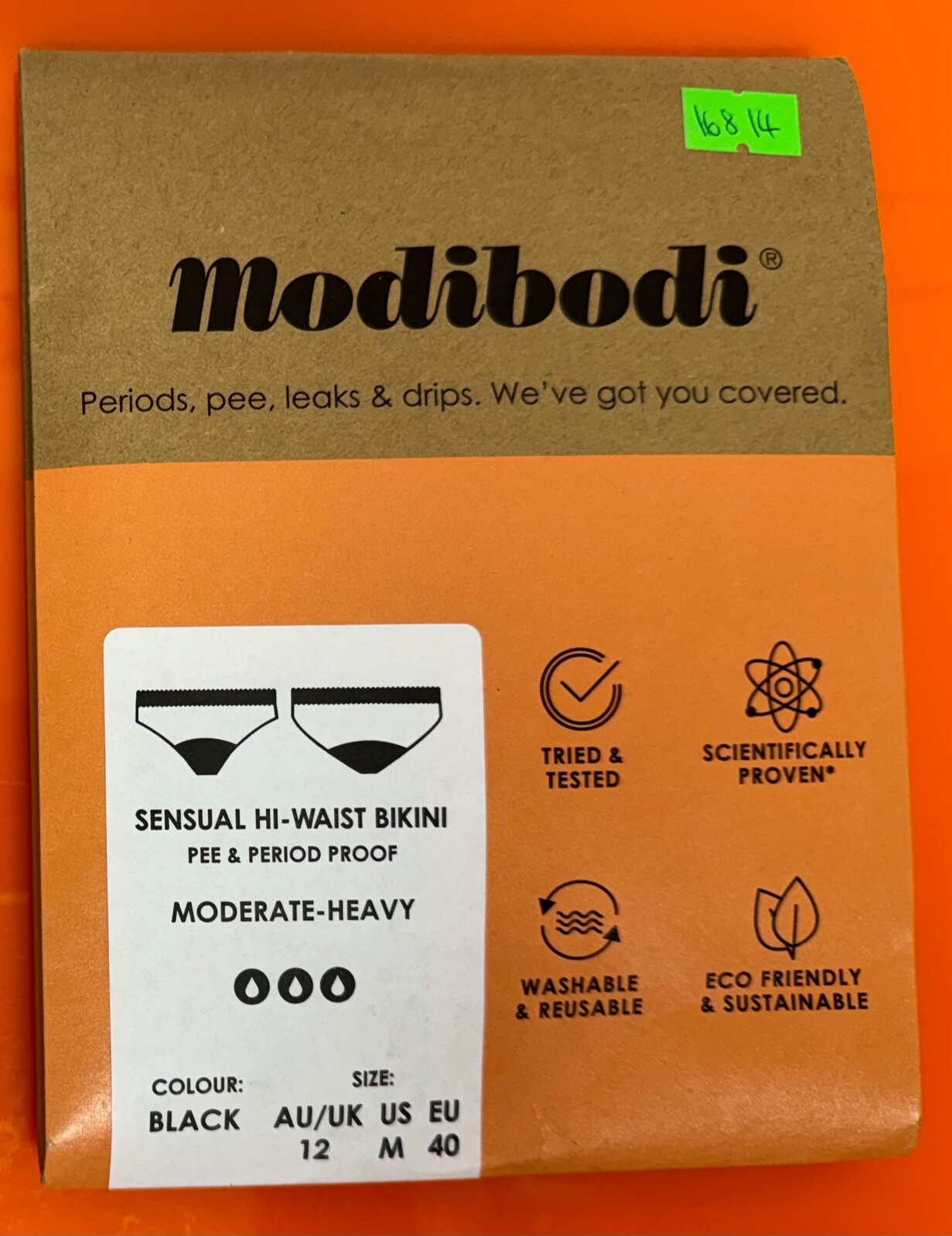 🔥Modibodi Sensual Hi-Waist Bikini, Moderate-Heavy, Black, NEW, Various Sizes