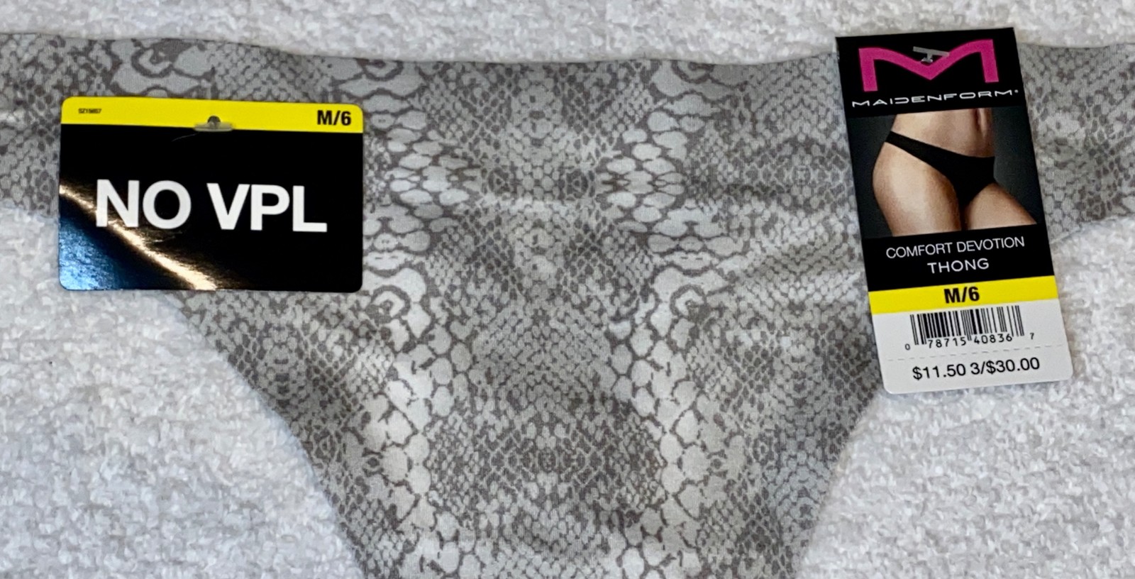 MAIDENFORM Comfort Devotion Tailored Grey Snake Thong Panty NEW Womens Sz M 6