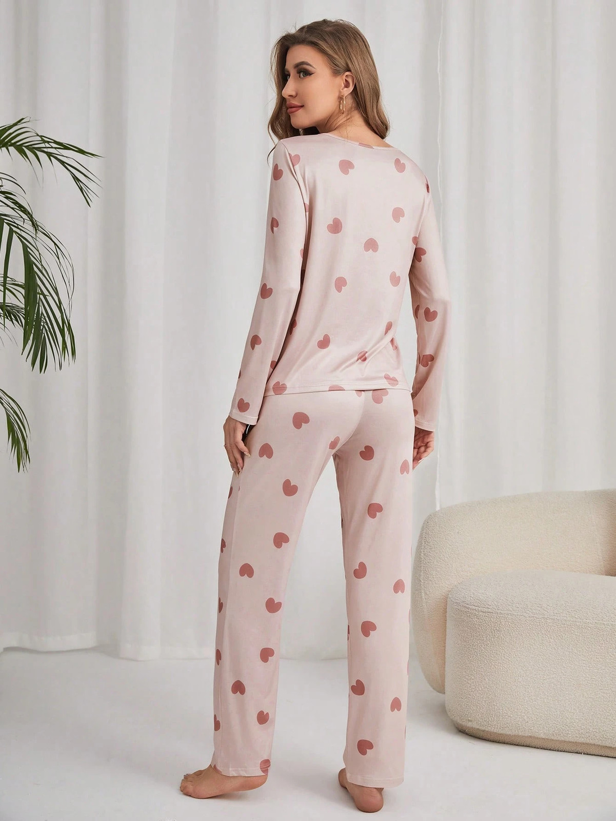 Heart Pattern T Shirt & Pants Pyjama Set Ladies Comfy Loungewear For Cheap24