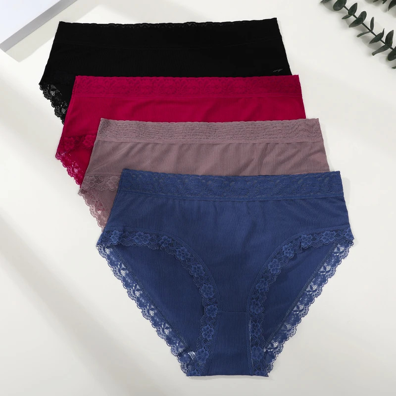 Lace Panties Mid Rise Womens Plus Size Panty Soft Stretch Underwear 4 Pcs