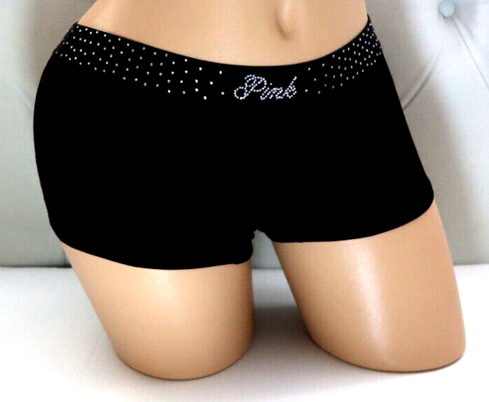 Victoria’s Secret PINK Logo Boyshort Black Diamante Rhinestone Shine M L XXL NEW