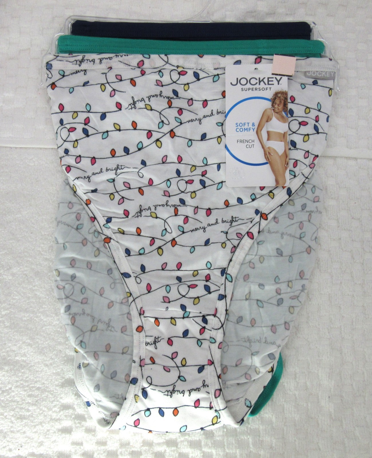 NWT set of 3 JOCKEY 2071 soft and comfy FRENCH CUT CHRISTMAS LIGHTS green blue