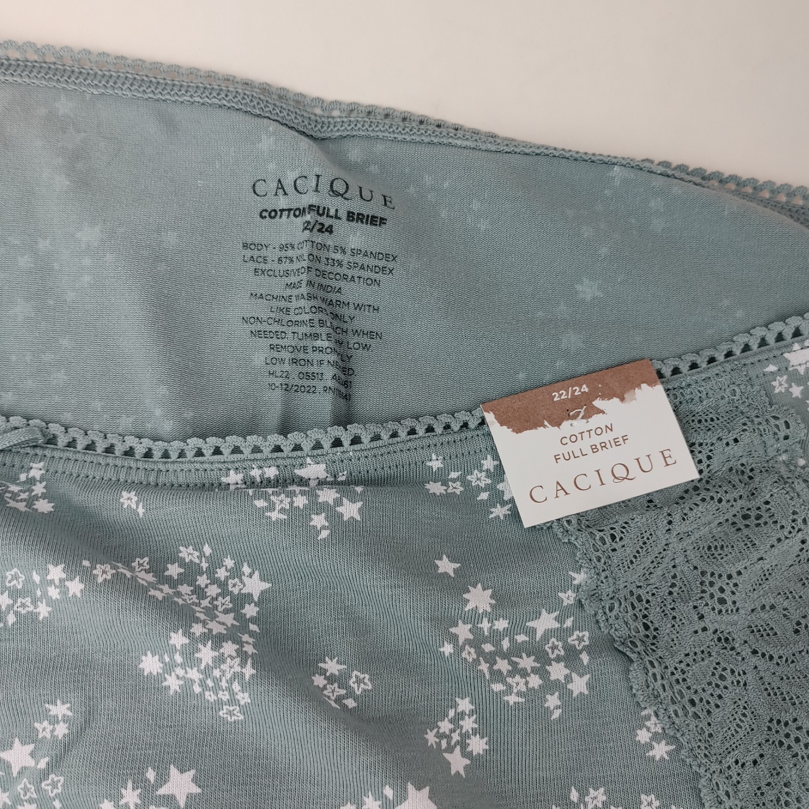 LANE BRYANT CACIQUE PLUS COTTON FULL BRIEF 22/24 PANTY GREEN STARS LACE HIP BUTT