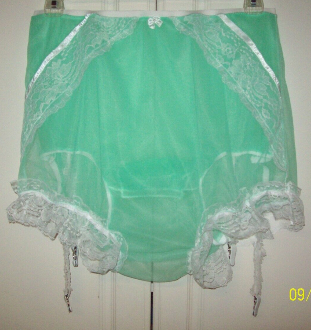 GREEN SHEER Nylon BUBBLE Bloomer SISSY PANTY 7″ SLEEVE GARTER 32-44 Waistband **