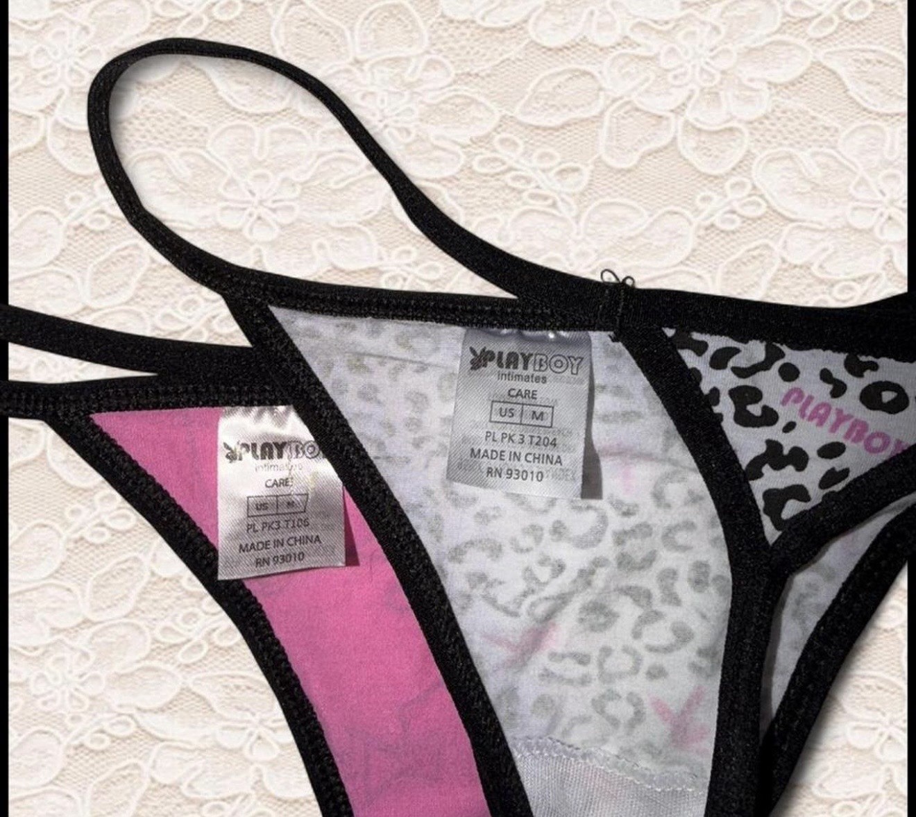 Pink And Black Playboy Thong With Cheetah Black And White 2 Pack