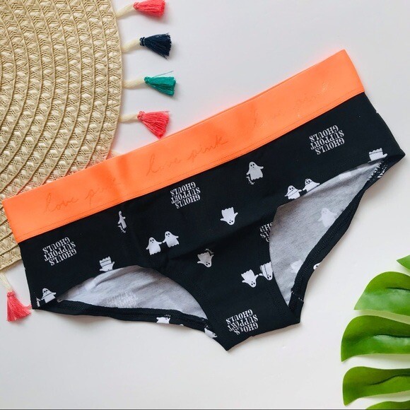 Victoria’s Secret PINK Logo Hipster Panty Halloween Ghouls Black Orange NEW
