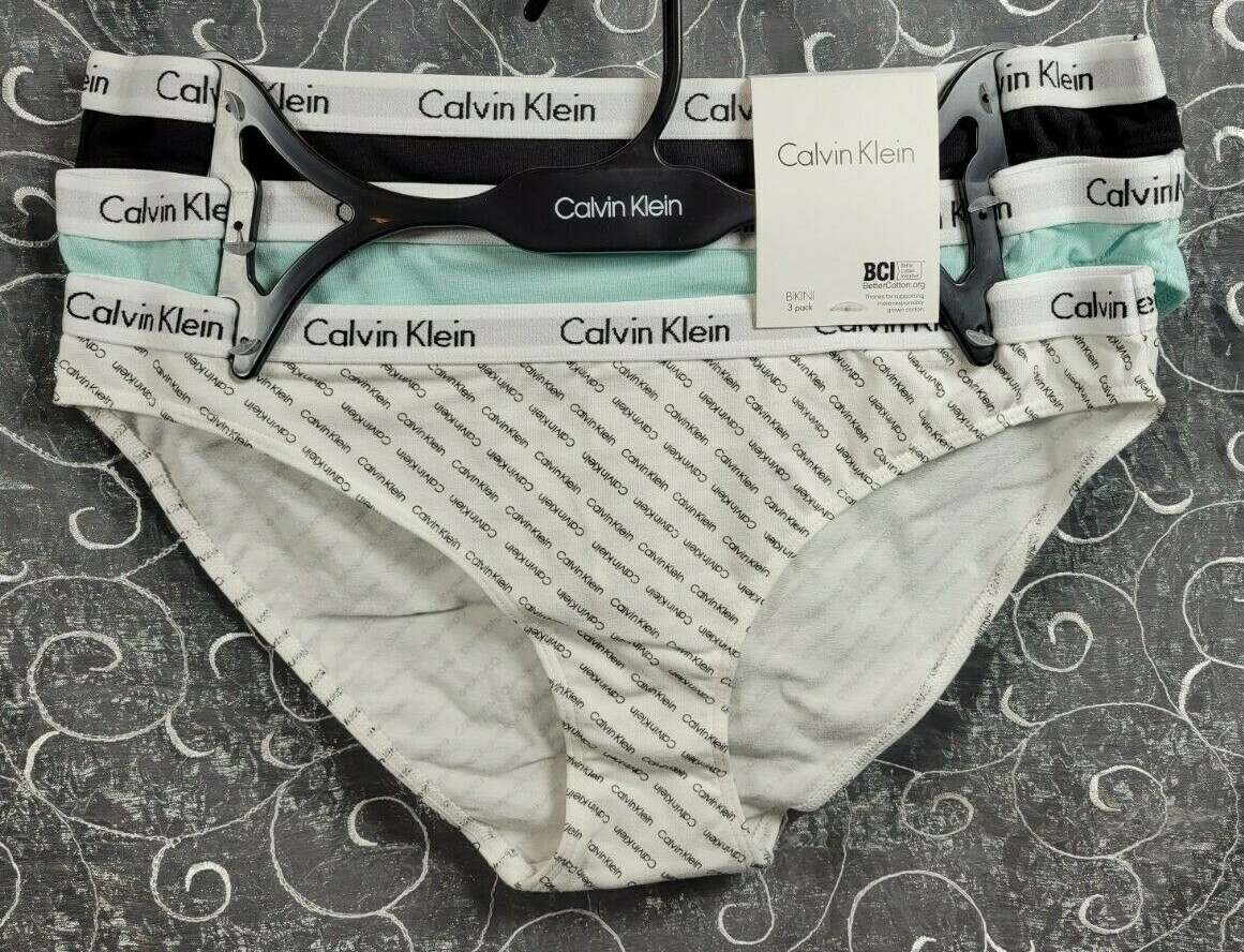 Calvin Klein 3 Cotton Stretch Bikinis M White w/ Logo Print, Solid Mint, Black