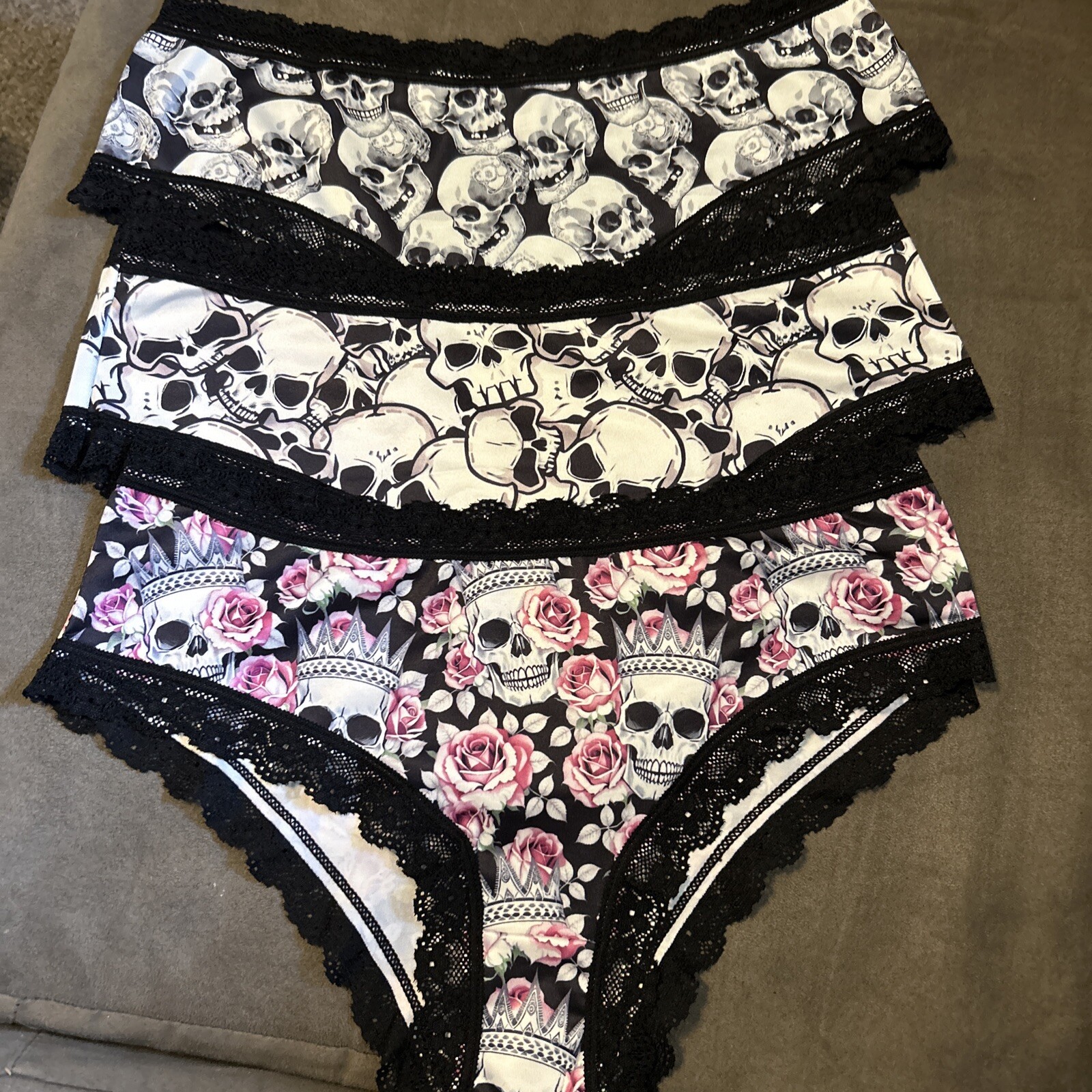 Morvia 3pk lace trim goth Emo Skaters panties M skulls & Flowers Underwear New