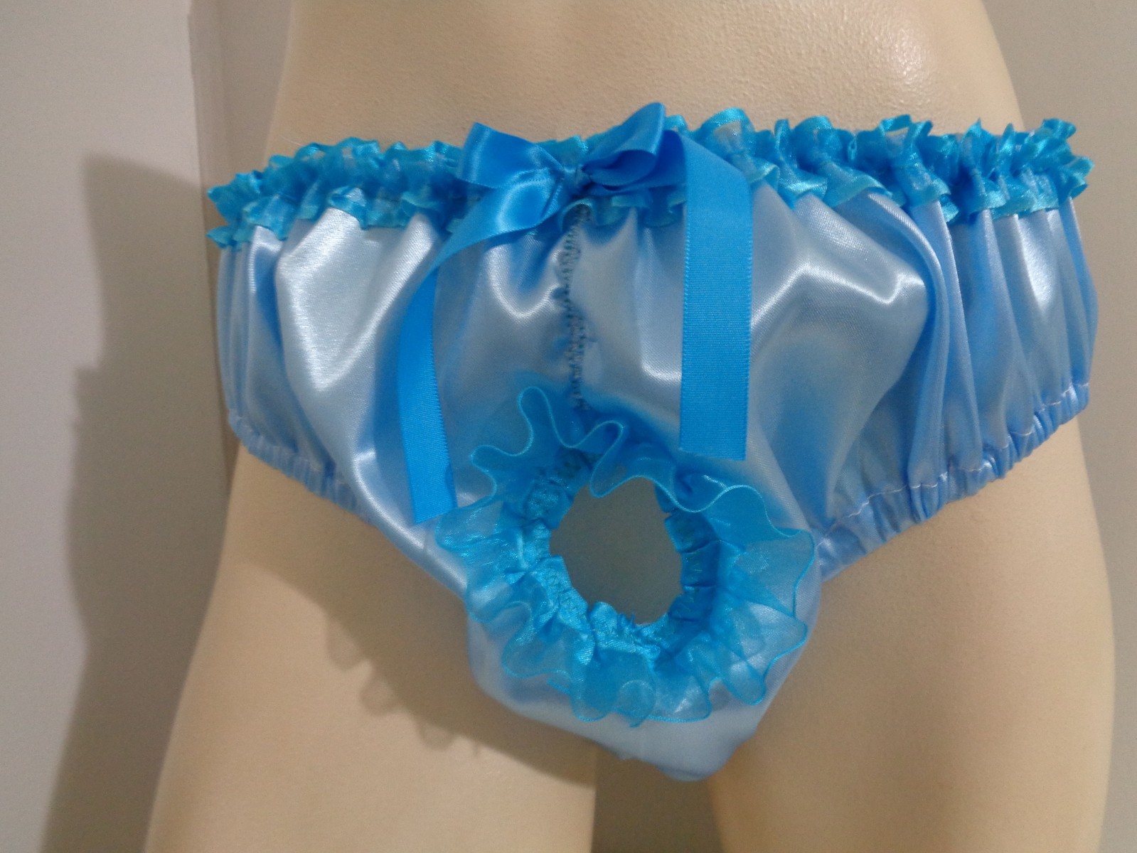 open front adult sissy blue frilly men satiny bikini panties dress-up 33-47
