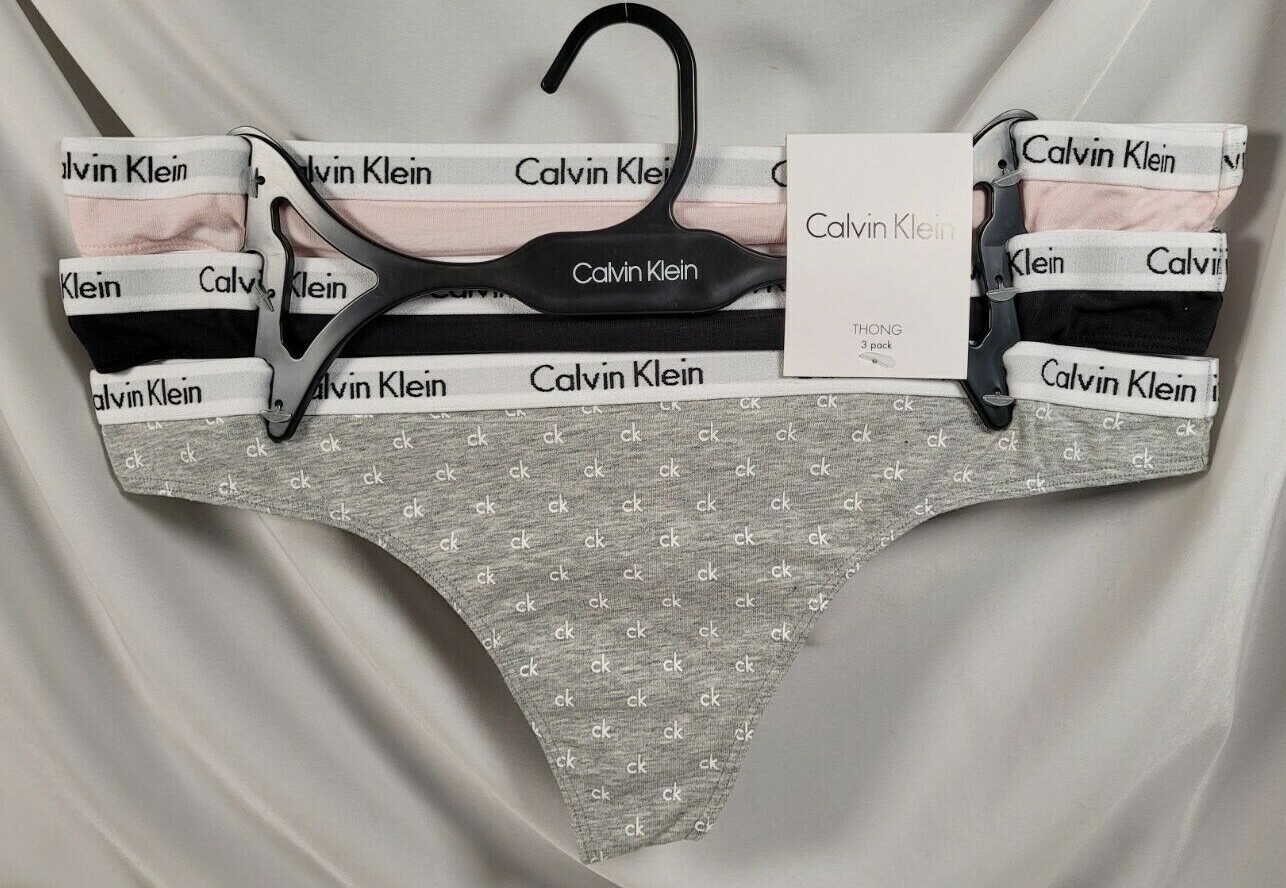 Calvin Klein 3 Thongs L Cotton Stretch Black, Pink, Gray w/Logo Print SHIPS FREE