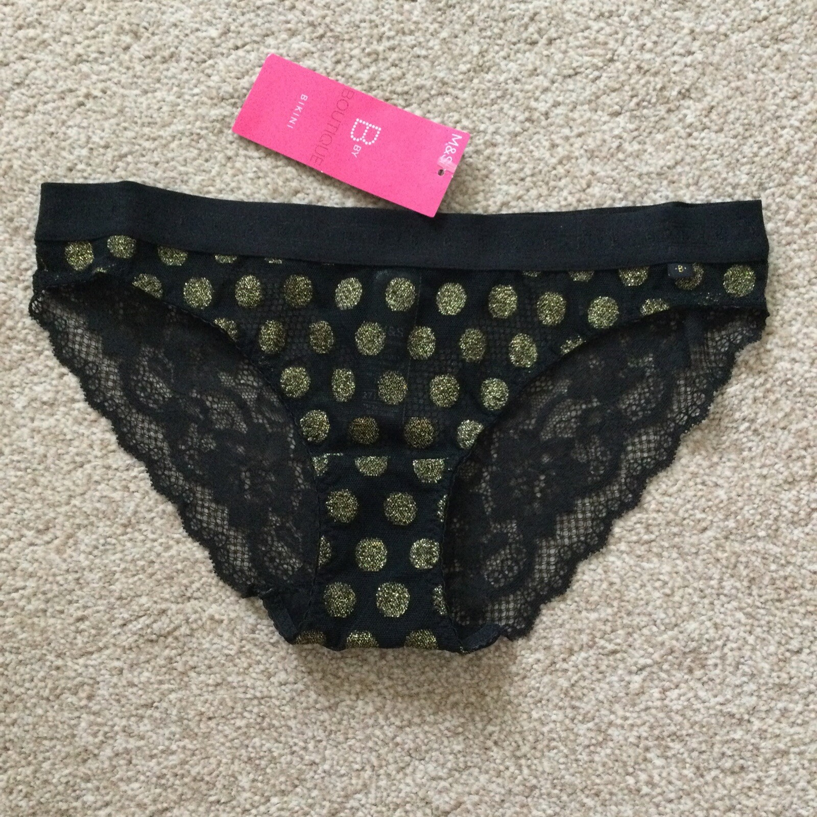 2 x M&S Size 4-6 Extra Small Boutique Pretty Bikini Knickers Black Gold Mesh XS