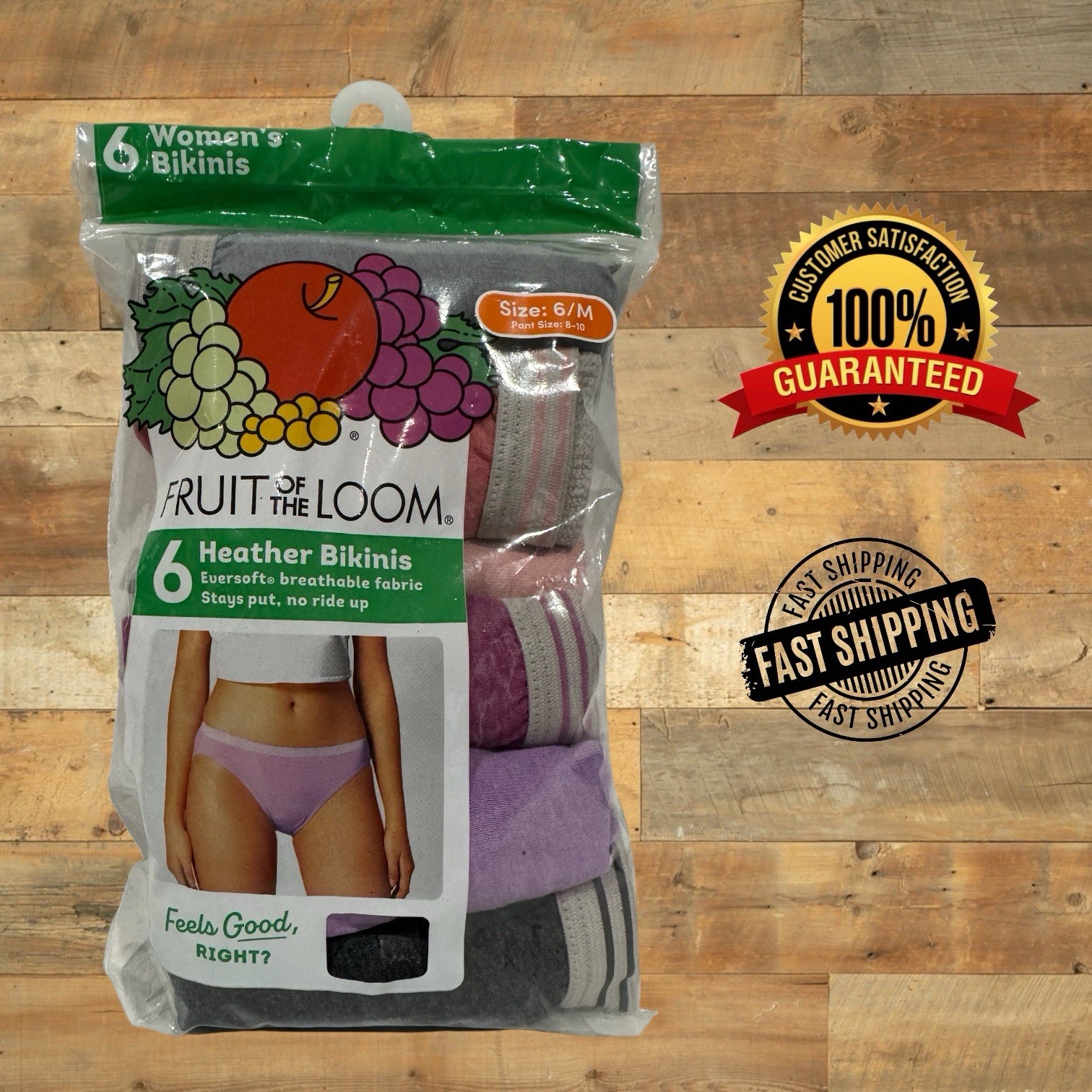 Fruit of the Loom Women’s Heather Bikinis Underwear 6-Pack, Assorted, Size 6/M