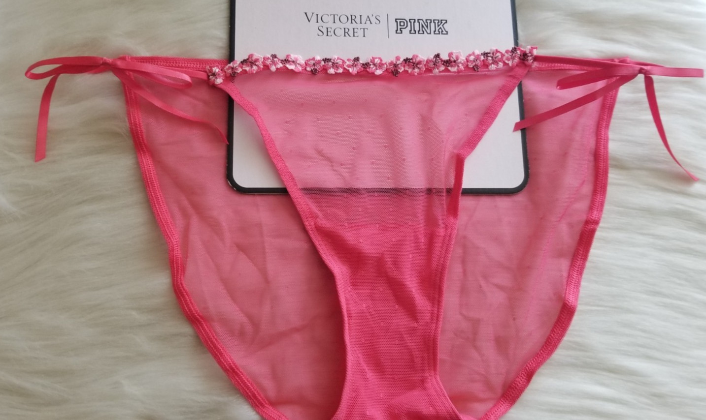 VICTORIA’S SECRET PINK WINK STRING BIKINI PANTY HIBISCUS EMBROIDERY LARGE PINK
