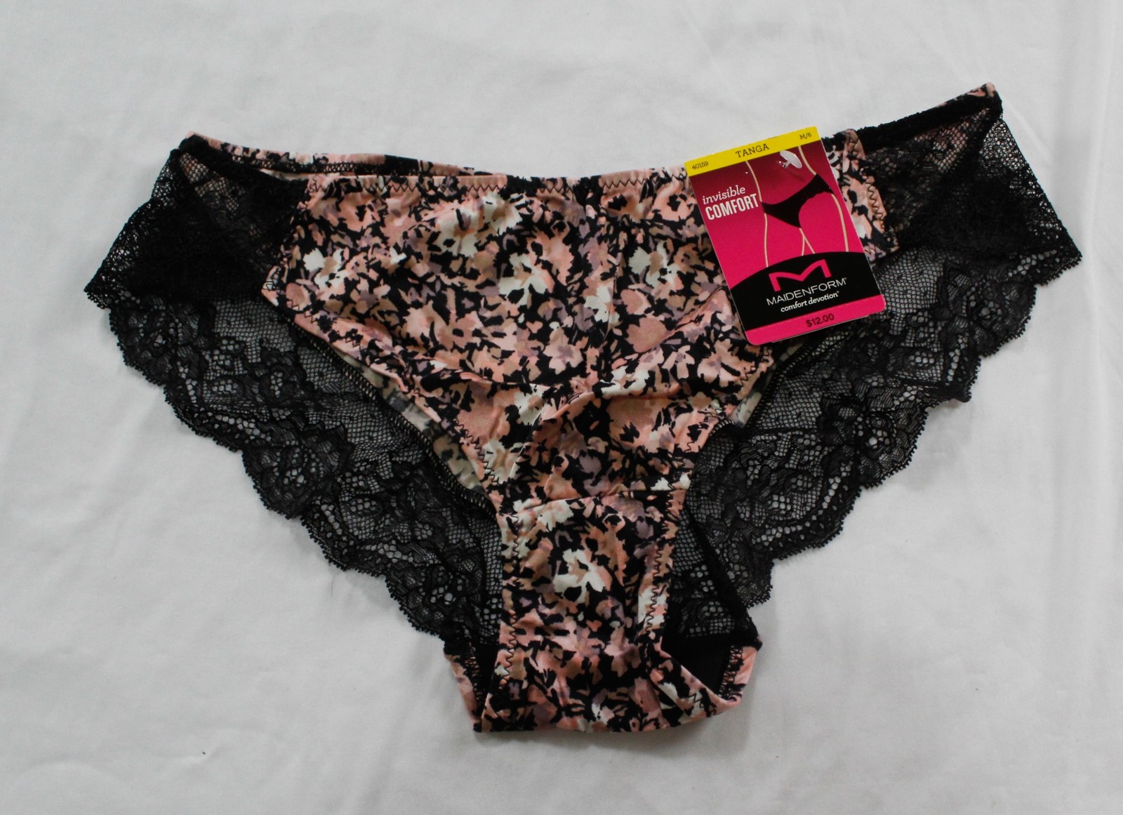 Maidenform Women’s Lace Back Tanga DH3 Abstract Black Floral Medium NWT