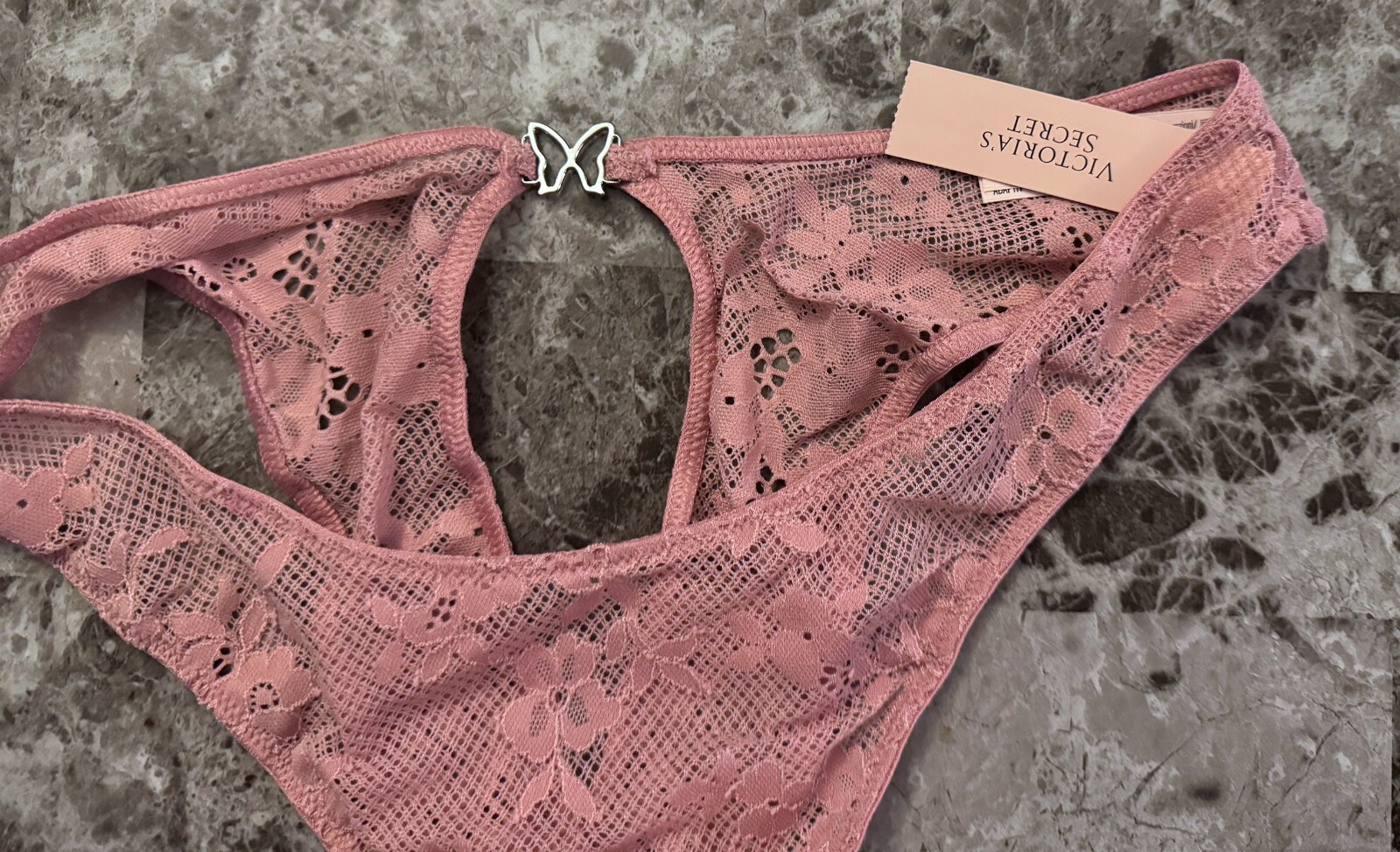 NWT VICTORIA’S SECRET MEDIUM PINK LACE CUTOUT BUTTERFLY BRAZILIAN CHEEKY PANTIES