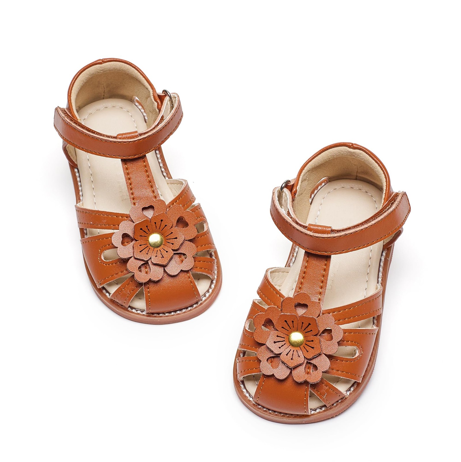 Girls Brown Close Toes Sandals Size 7- Soft Rubber Princess Flat Shoes Flower…