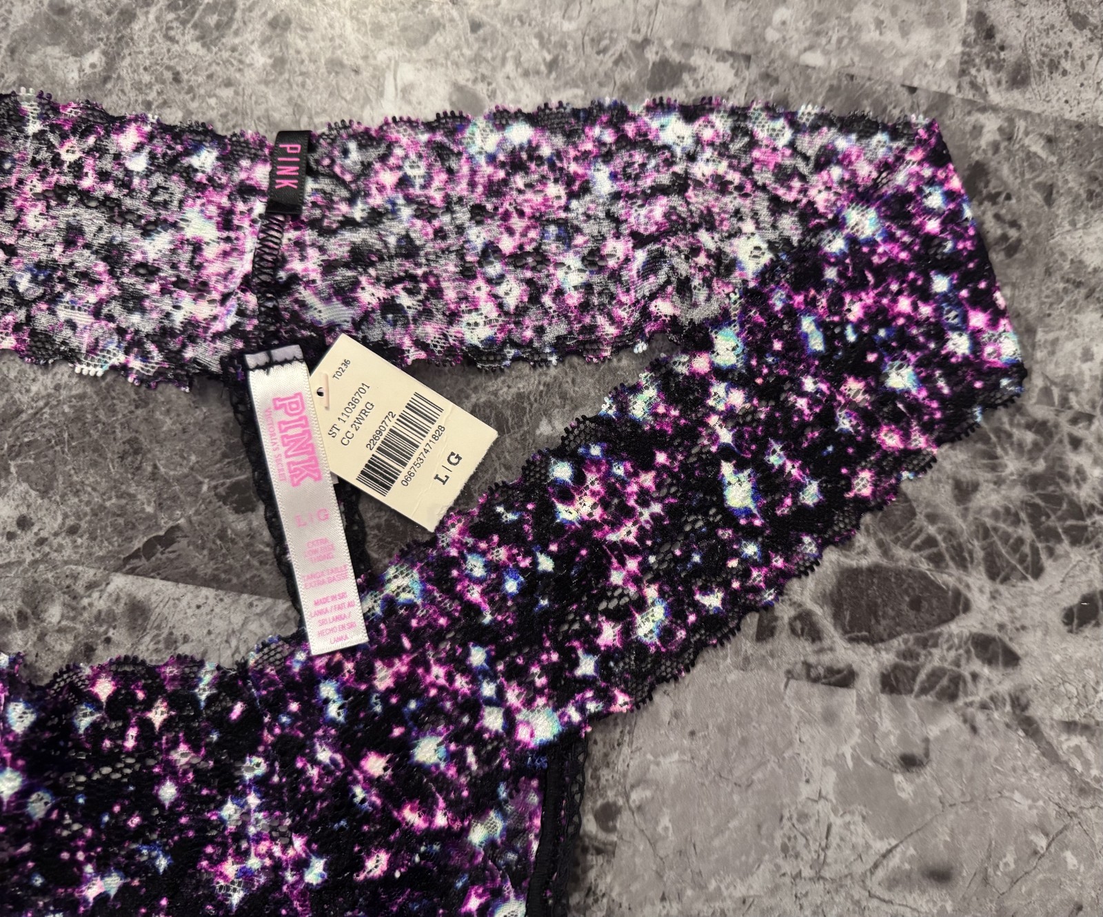 NWT VICTORIA’S SECRET PINK LARGE GALAXY CELESTIAL STAR LACE RARE THONG PANTIES