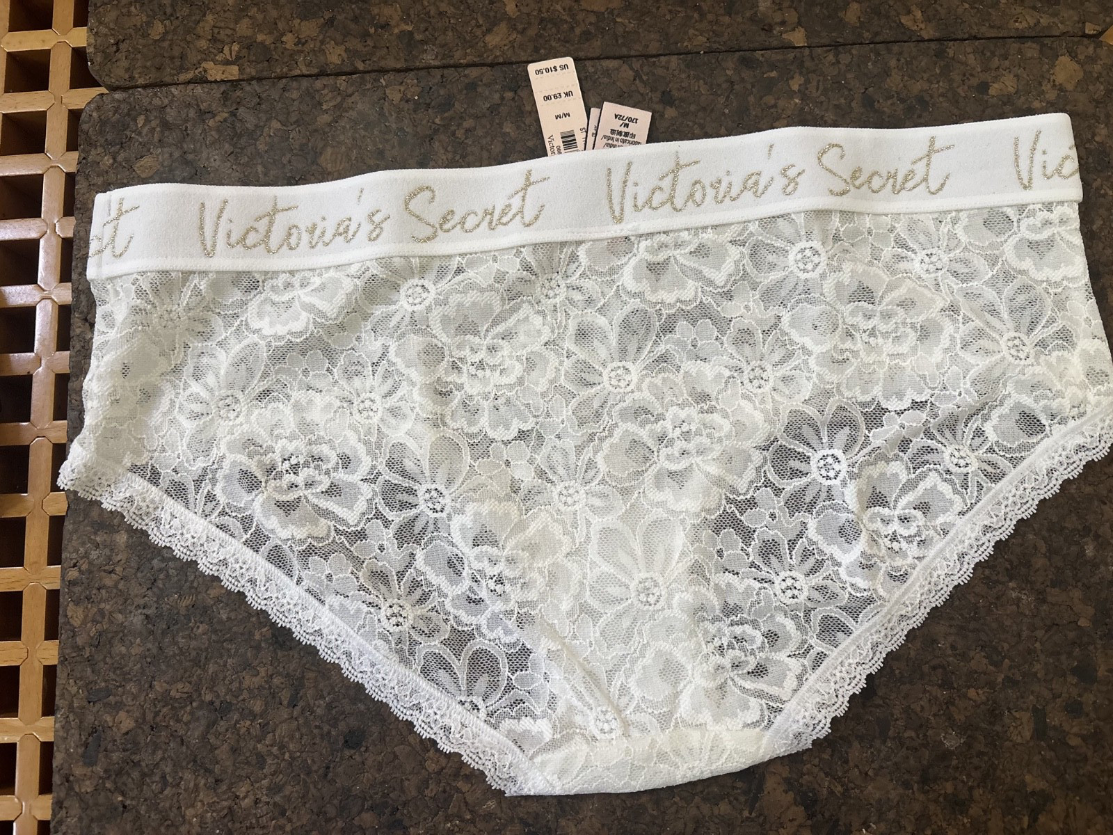 3 VS NWT Medium Rare Logo Lace Hiphugger Panties Black White Gold Premium Indiv.