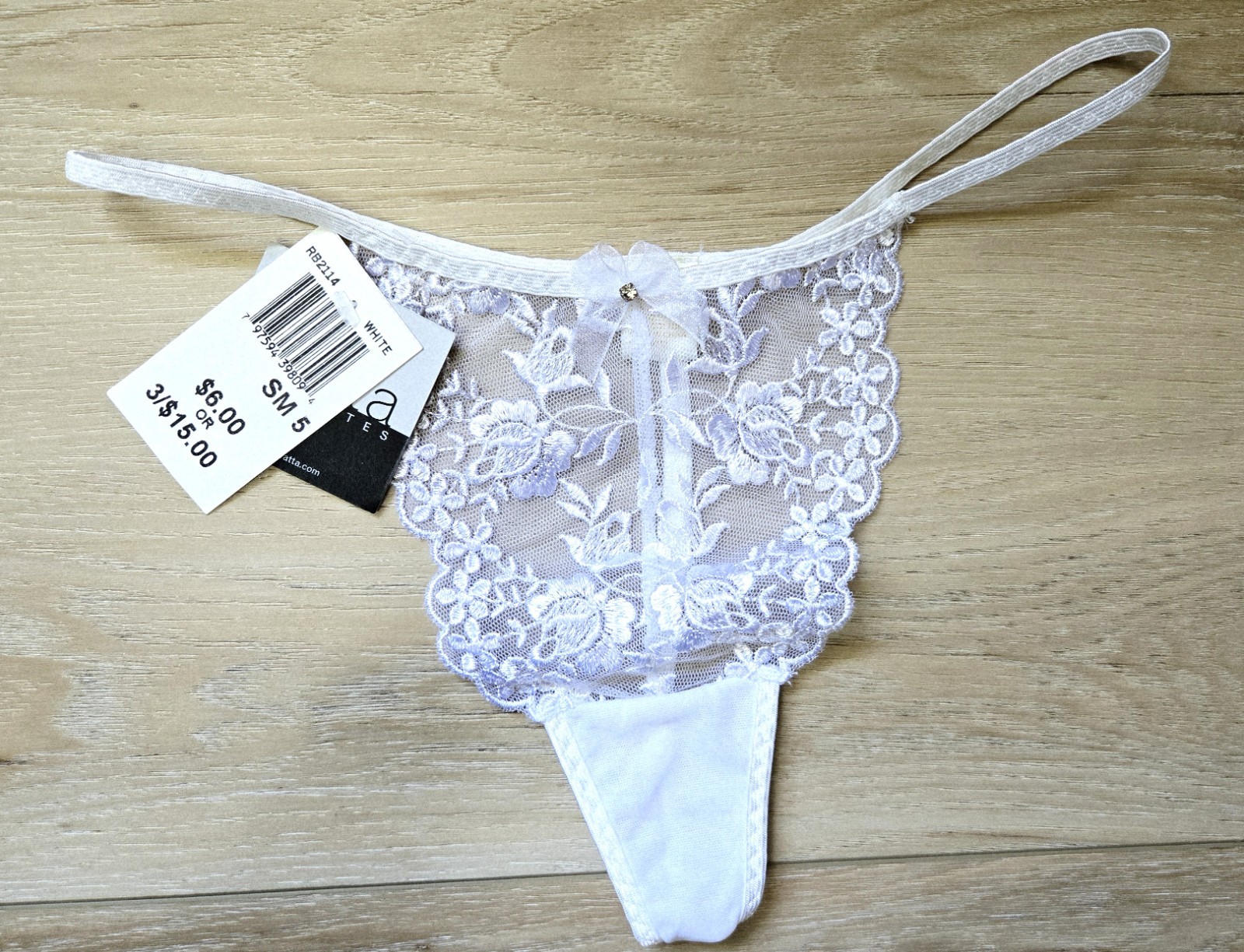 NWT Biatta White Sheer Floral Lace Bridal String Thong Bow Gem Panties S/5