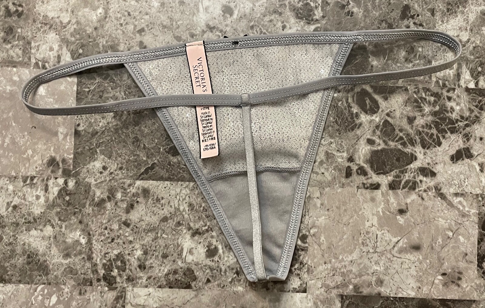 NWOT VICTORIA’S SECRET GRAY SILVER MESH SEQUIN BOW V STRING THONG PANTIES