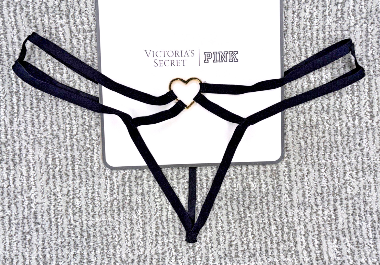 Victoria’s Secret Sexy NWT Medium Black Crotchles Heart Hardware V String Panty
