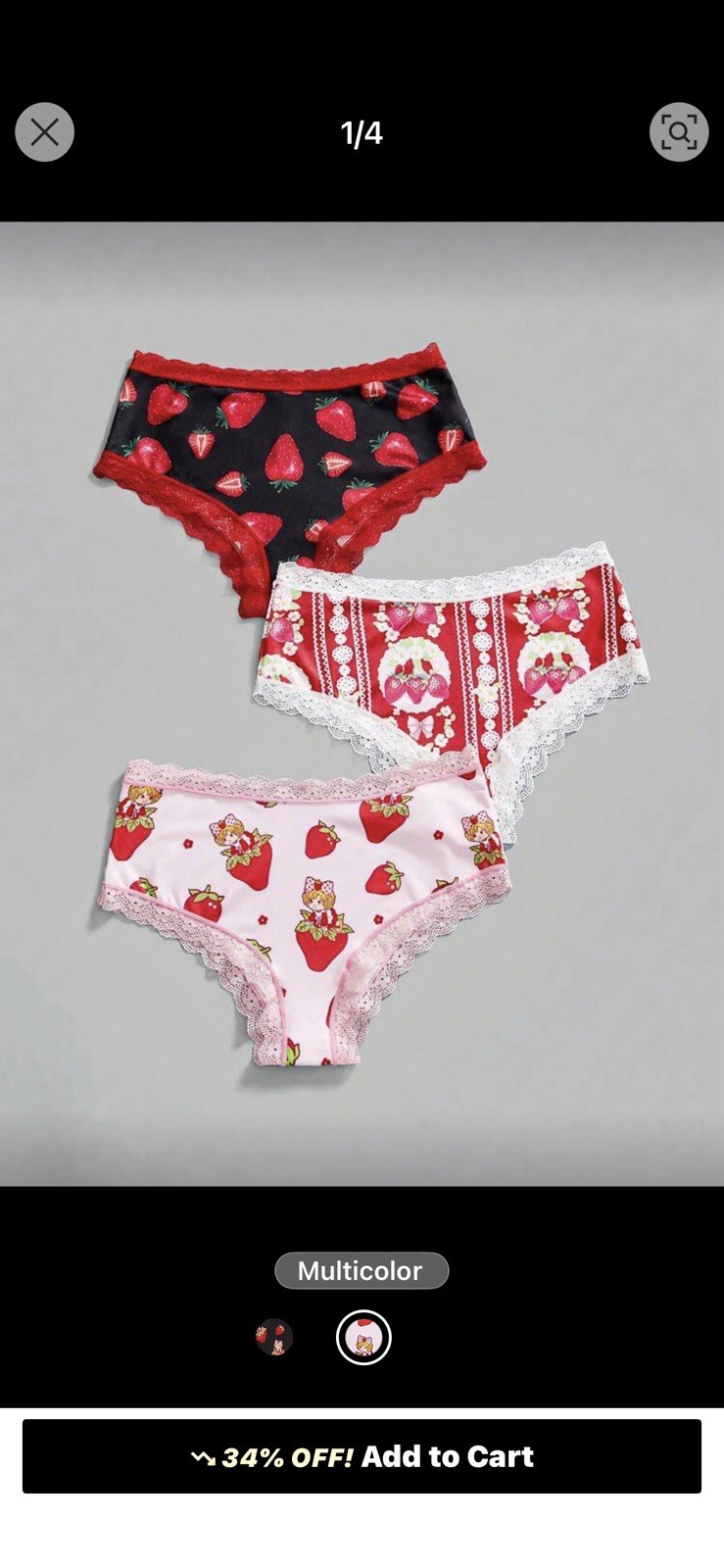 ROMWE Strawberry Shortcake Kawaii y2k Lace Trim Fabric Cute Cheeky Brief Panties