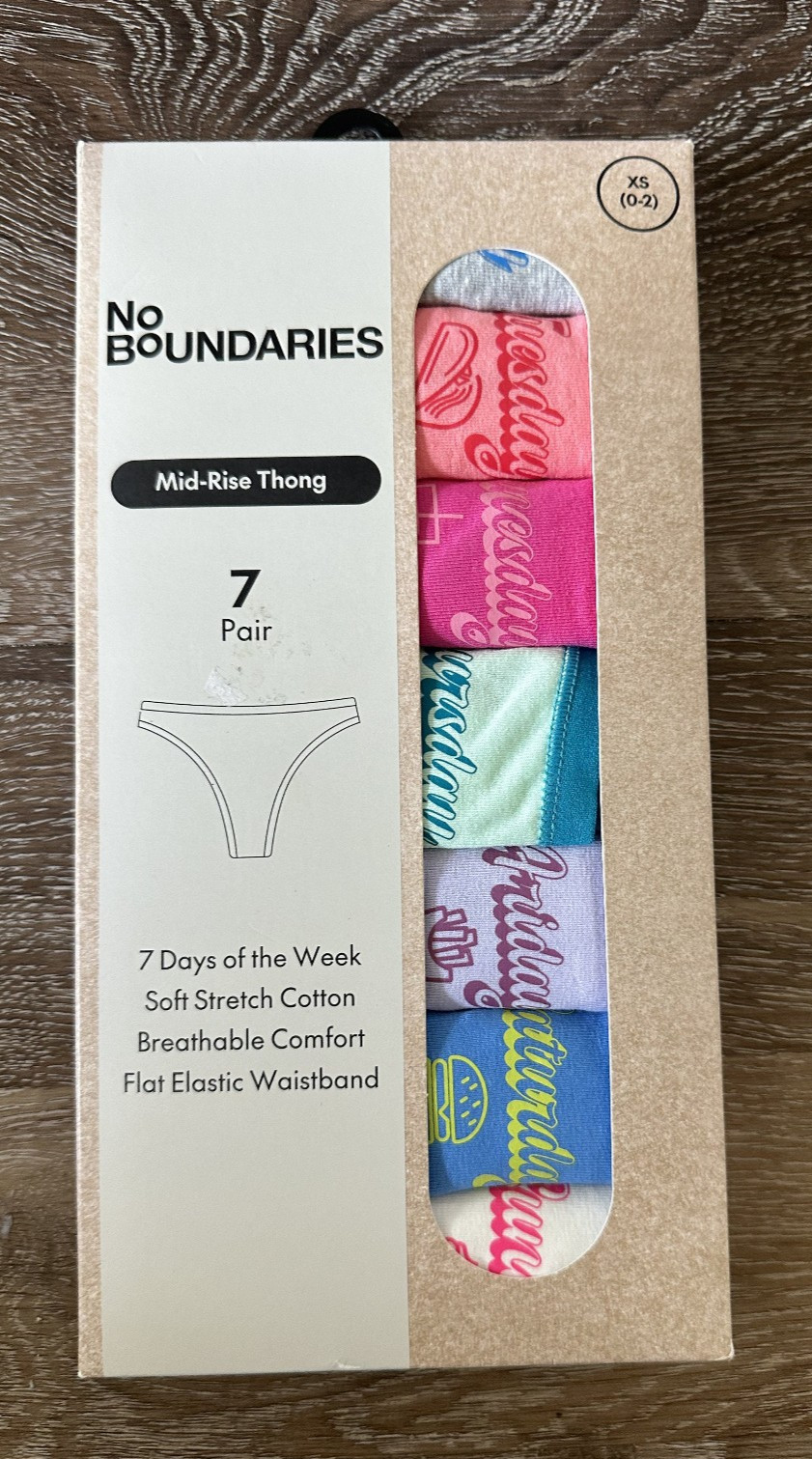 7 Pair No Boundaries Mid-Rise Thong Panties Underwear Days of the Week XS 0-2