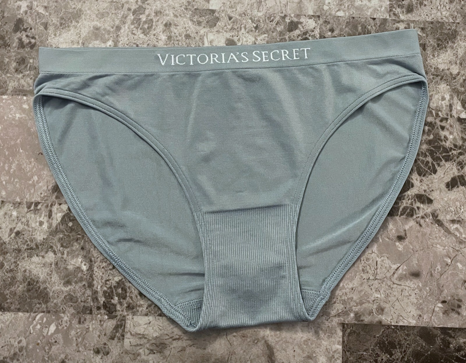 NWT VICTORIA’S SECRET SMALL BLUE WHITE LOGO STRETCH SEAMLESS BIKINI PANTIES