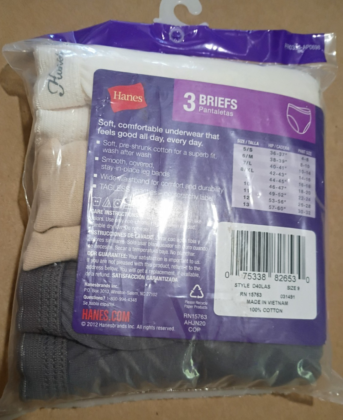 Women’s Hanes Briefs Panties Size 9 Cotton w/Cotton Liner 3 Pr Assorted NIP