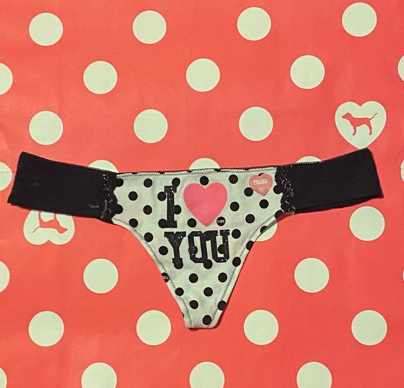 Victoria’s Secret Pink 2011 Y2K I Love You Lace Side Thong dot L Panty Vtg