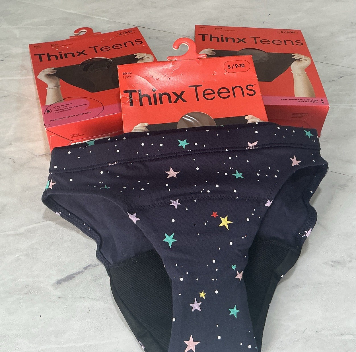 Thinx Teens Bikini Leakproof 12 Hr. Period Underwear 2-Black 1-Stars Sm9-10 READ