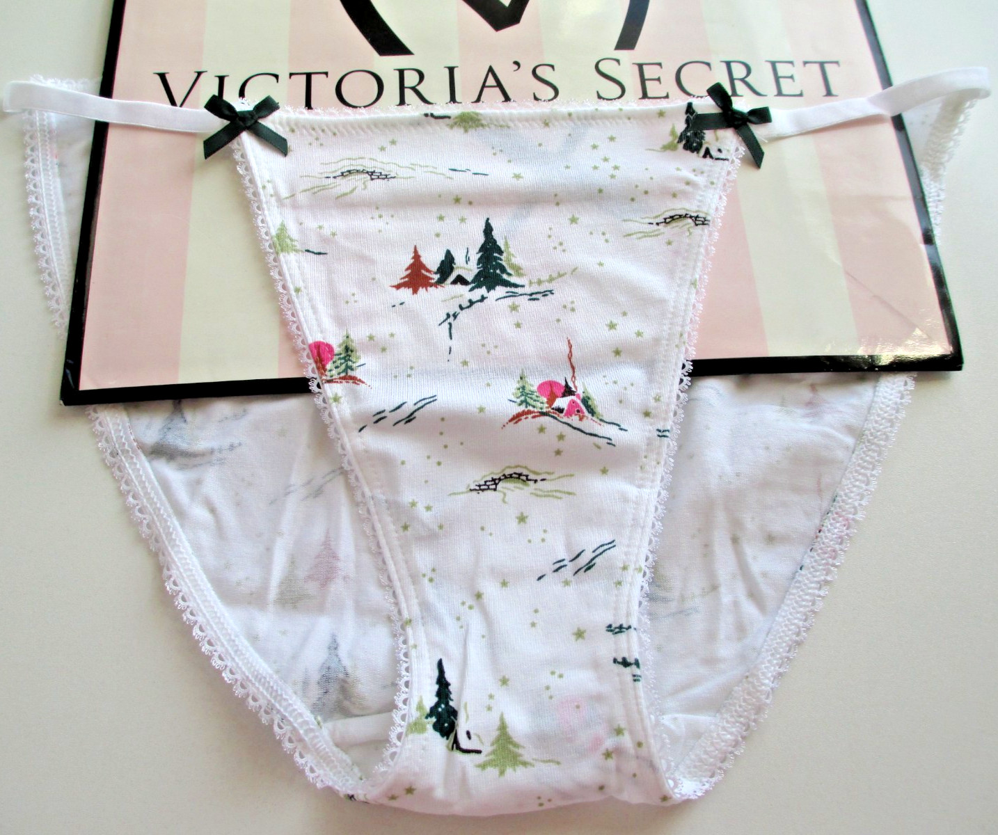 VICTORIA’S SECRET Cotton String Bikini Panty VS White Print S M L XL Bows NWOT