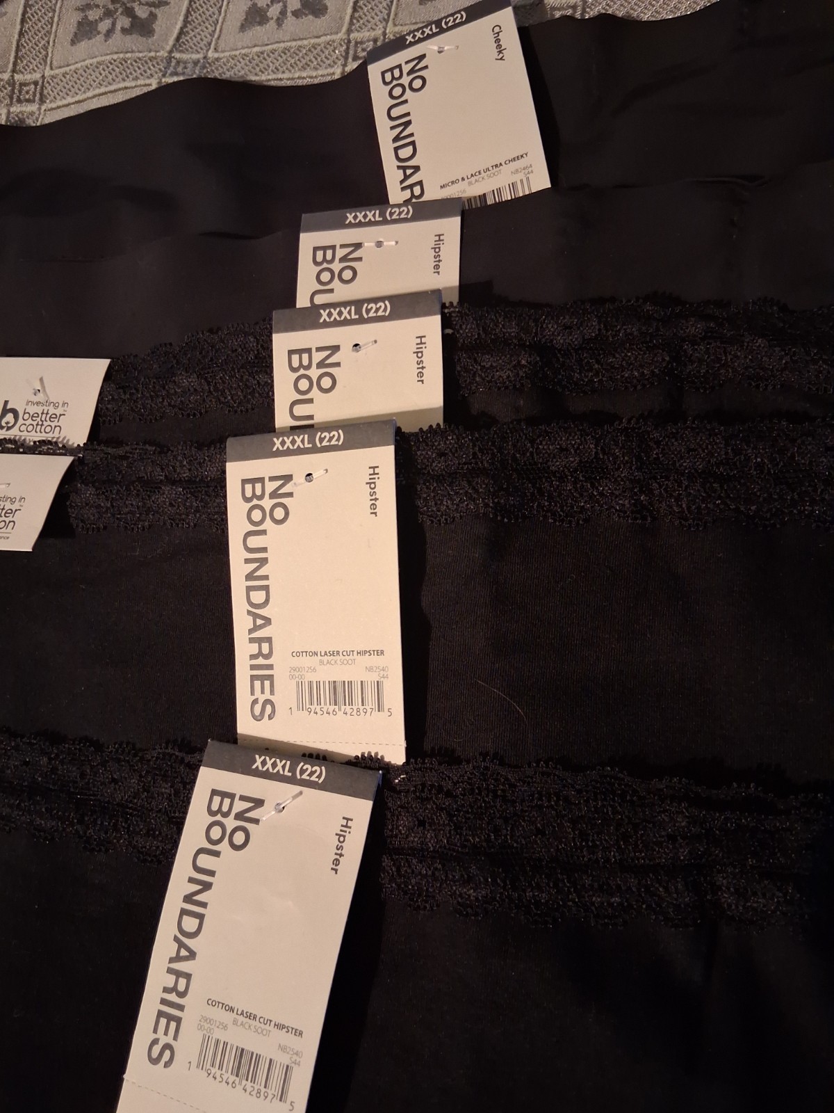 Lot Of 5-NWT-No Boundaries Black Micro Lace & Cotton Hipsters Panties-Size XXXL