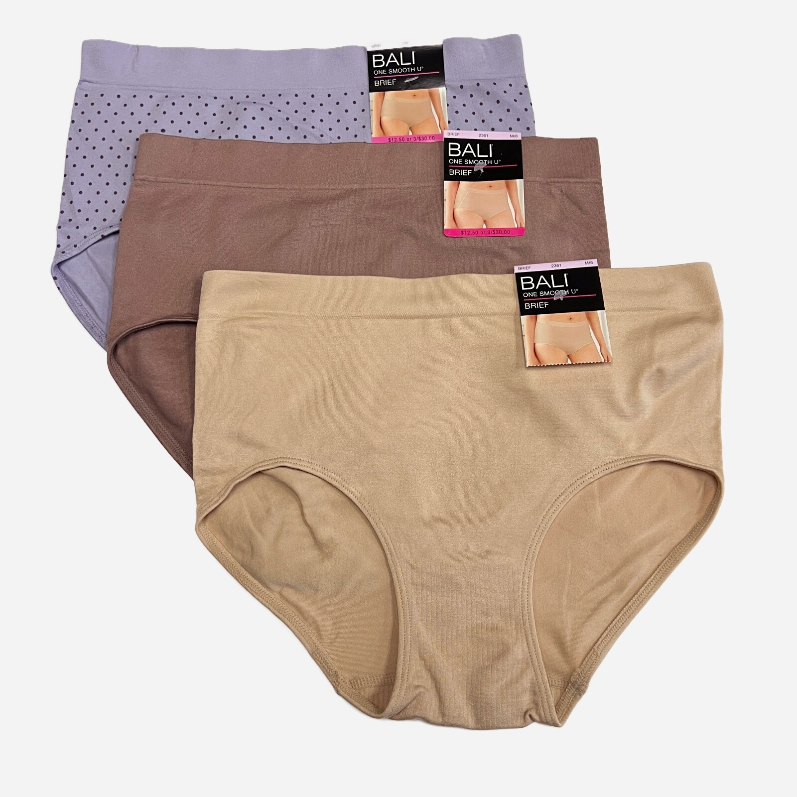Bali One Smooth U Brief Panty M Size 6 MEDIUM NWT 2361 Underwear 3 PACK Panties
