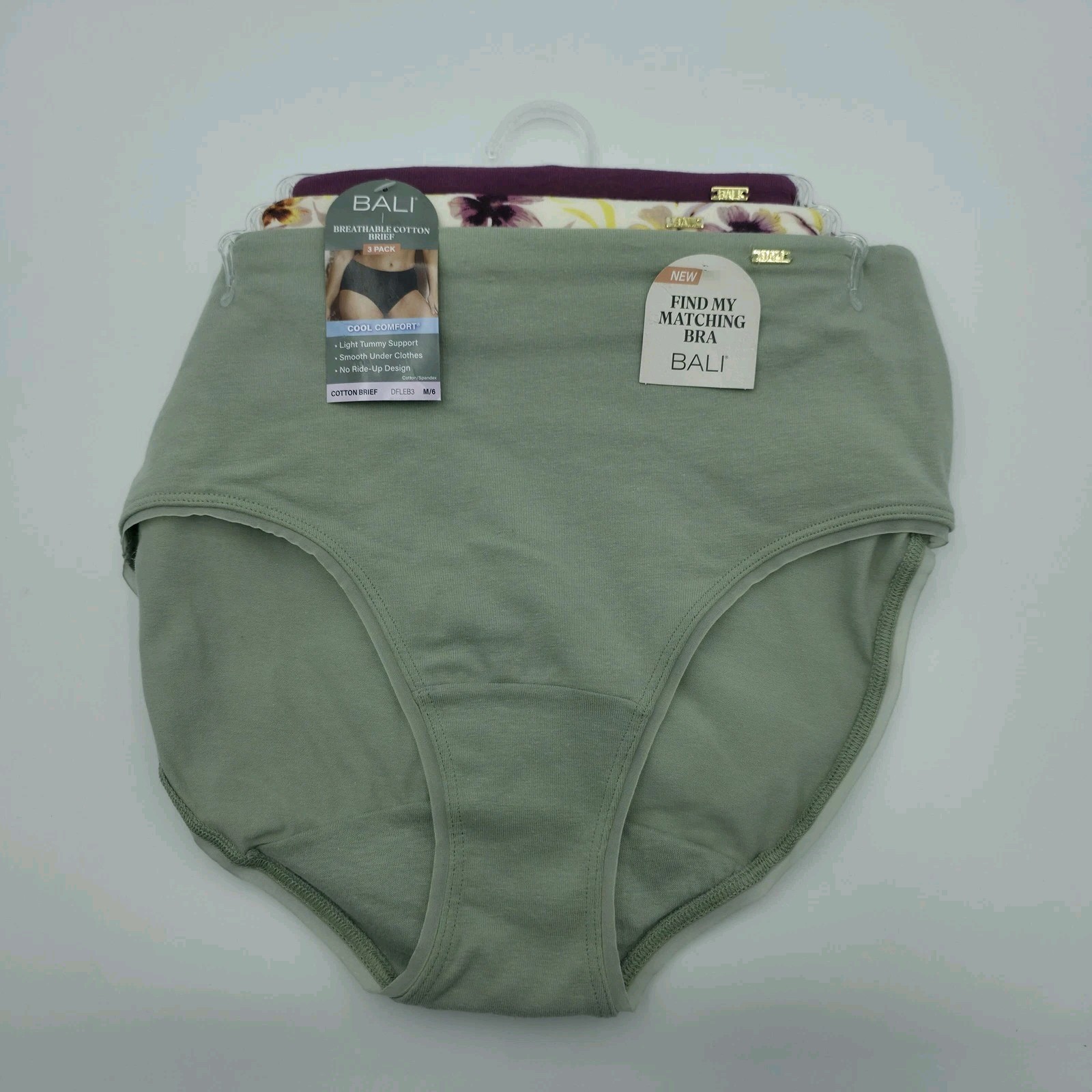 Bali Breathable Cotton Brief Panties Womens M/6 Multicolor Cool Comfort 3 Pack