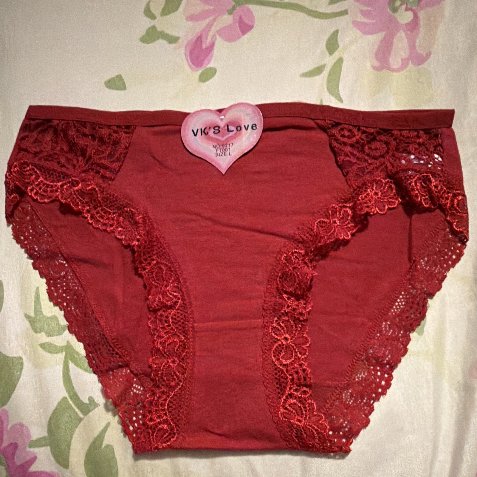 VK’s Love Women’s Red Lace Trim Brief Panties, Size L, Stretch, 1 Pack