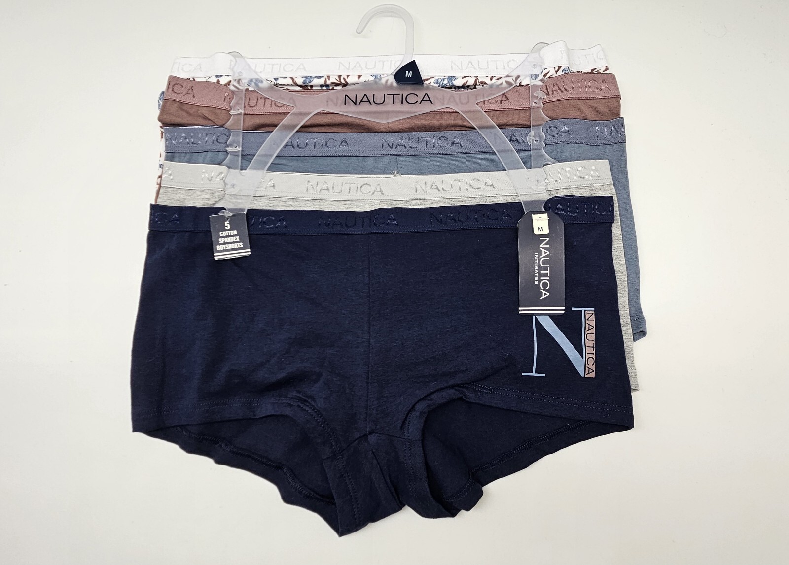 NAUTICA 5 Pack Women’s M L XL Cotton Logo Boy Shorts Navy Blue White Gray Brown