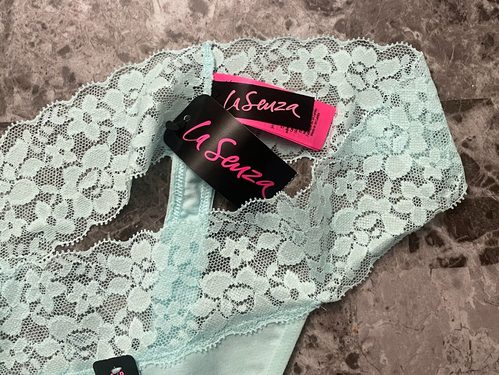NWT LA SENZA SMALL AQUA GREEN COTTON BLEND FLORAL LACE BAND THONG PANTIES
